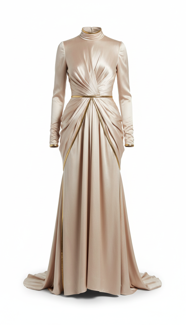Champagne Silk Gown with Metallic Trim