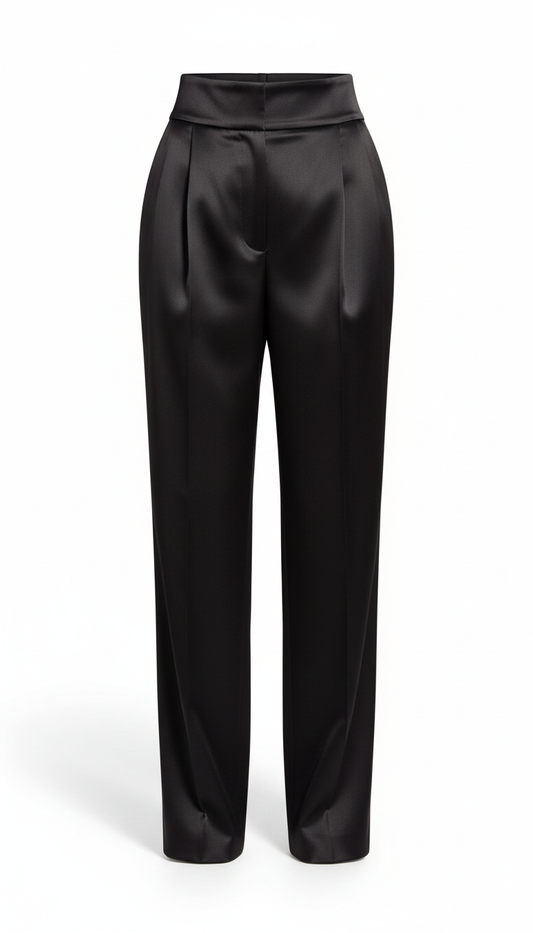 Jet Black Structured Satin Statement Trousers